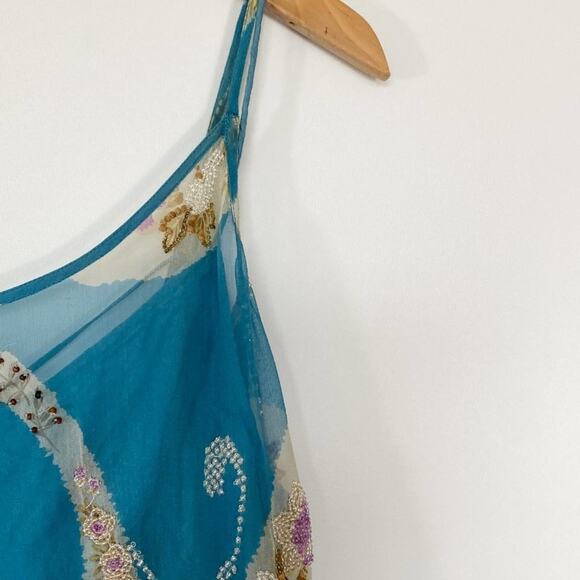 Tracy Reese Blue Beaded Embellished Peacock Silk Camisole Tunic Blouse Top - Picture 12 of 16